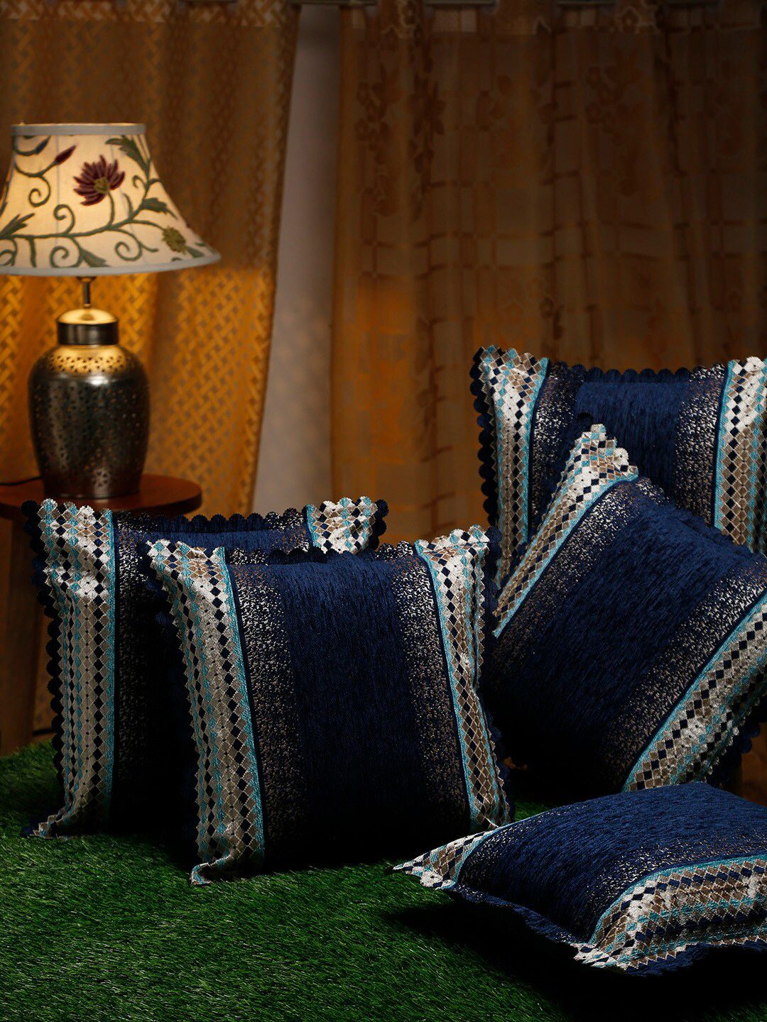 HOSTA HOMES Navy Blue & Beige Set of 5 Velvet Square Cushion Covers Price in India