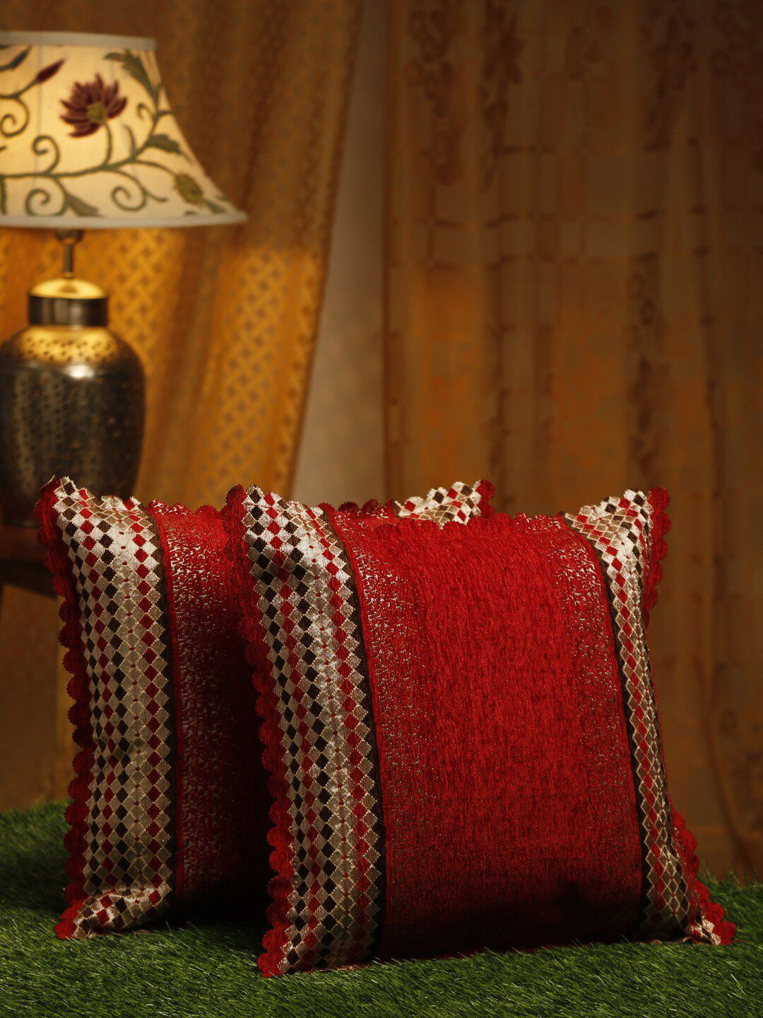 HOSTA HOMES Red & Gold-Toned Set of 2 Velvet Square Cushion Covers Price in India
