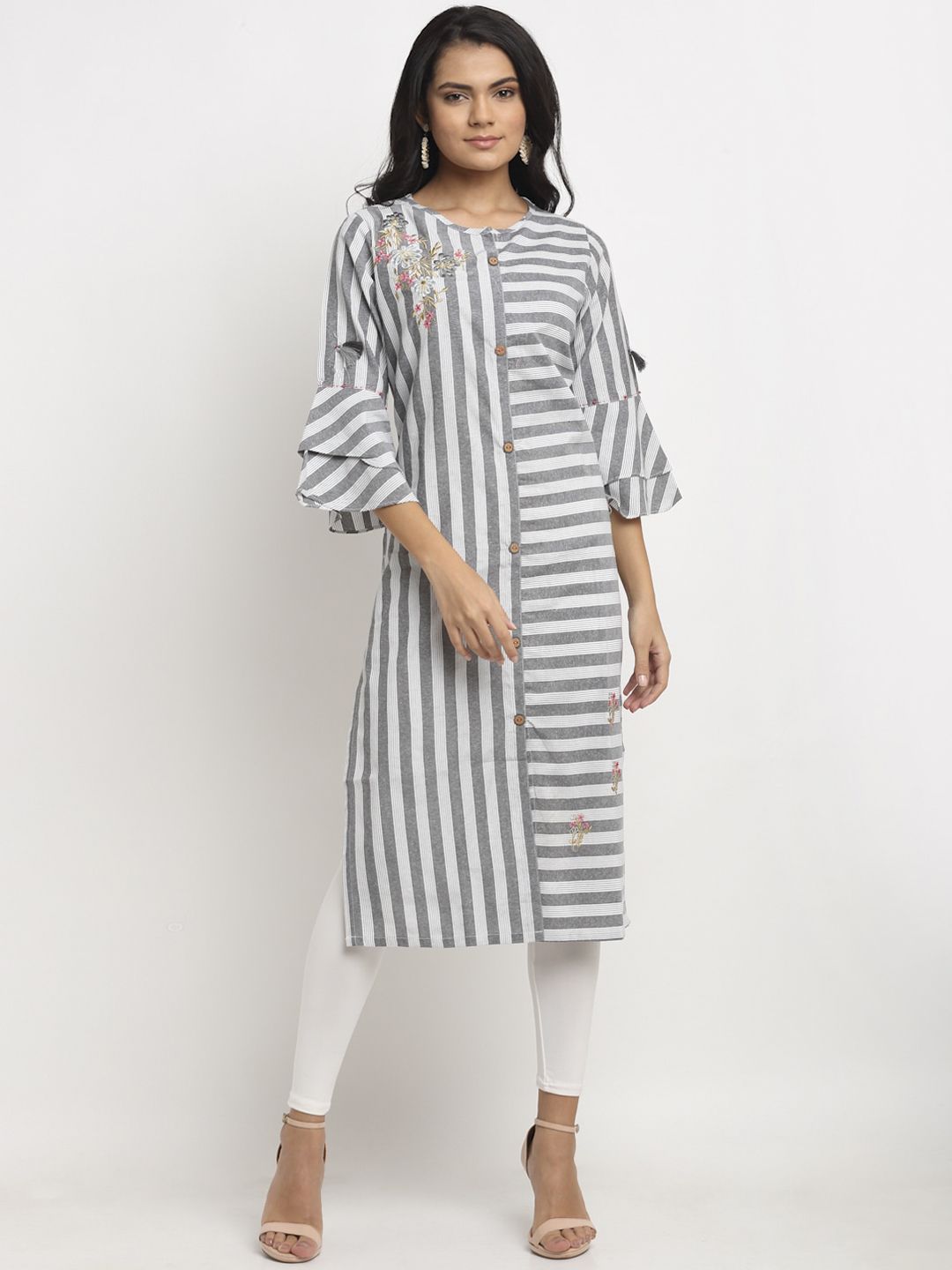 Aujjessa Women Grey & White Striped Flared Sleeves Kaftan Kurta