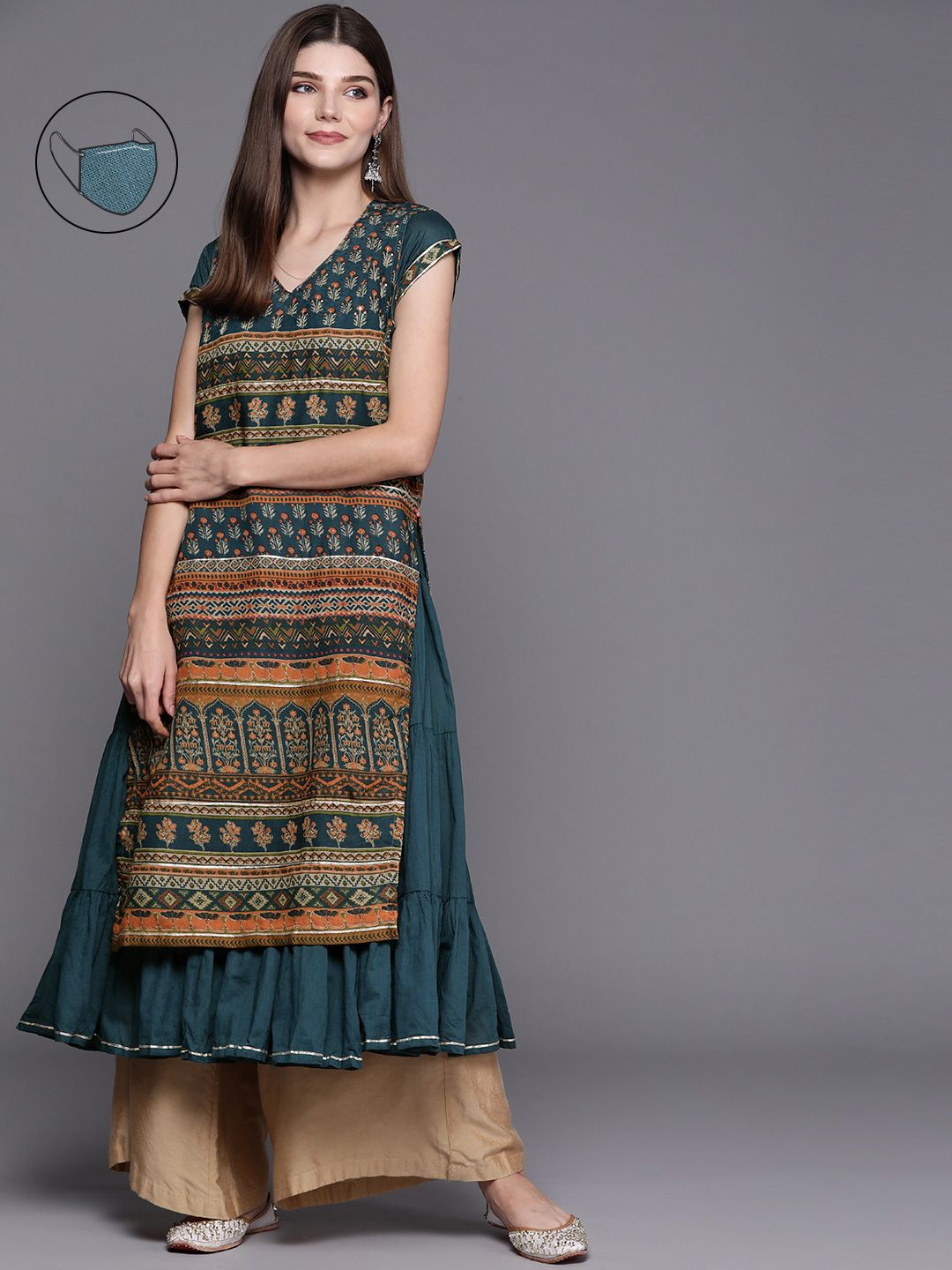 Biba Women Teal Ethnic Motifs Printed Kurta with Mask Price in India