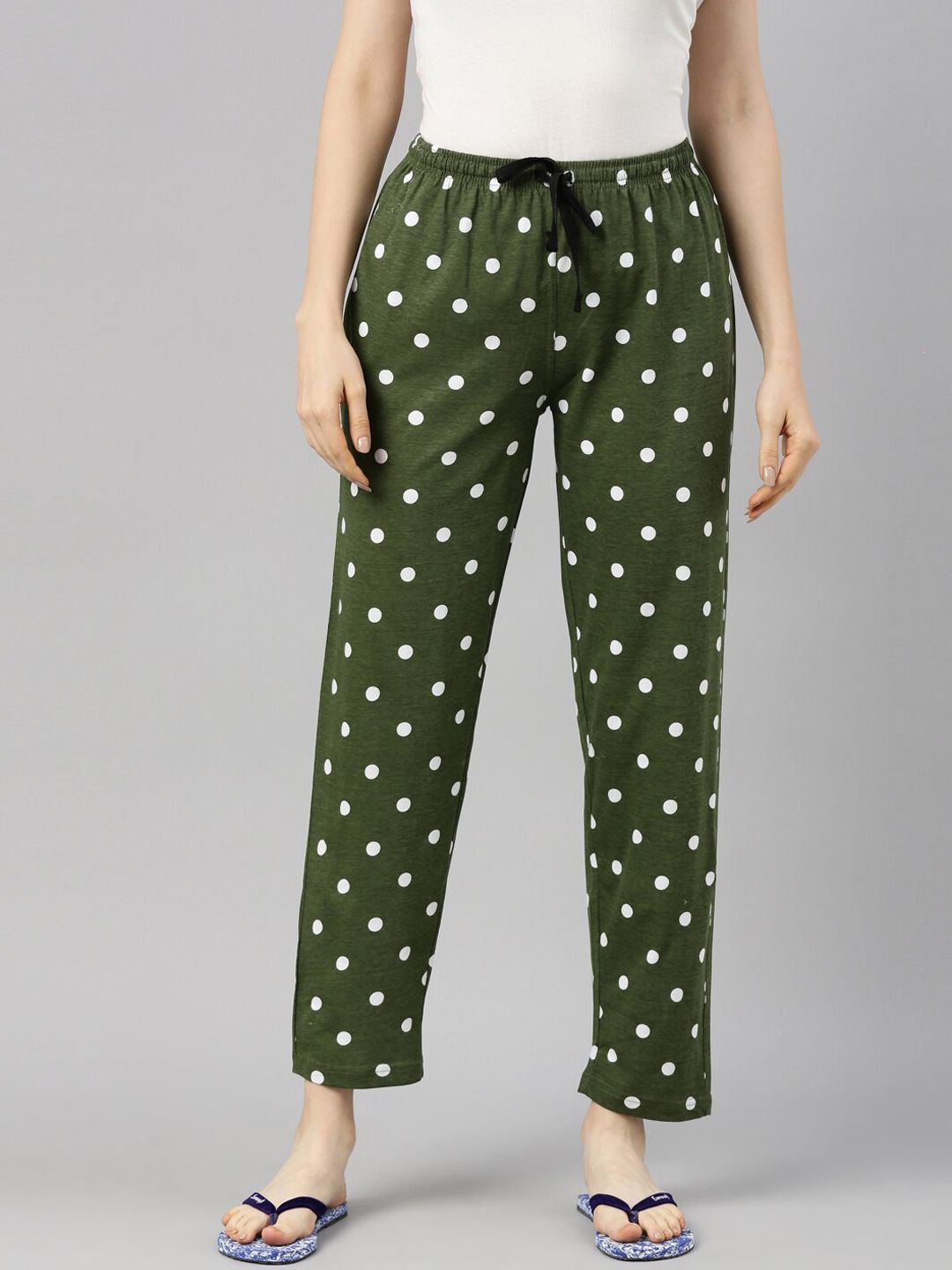 Kryptic Women Green & White Polka Dots Printed Pure Cotton Lounge Pants Price in India