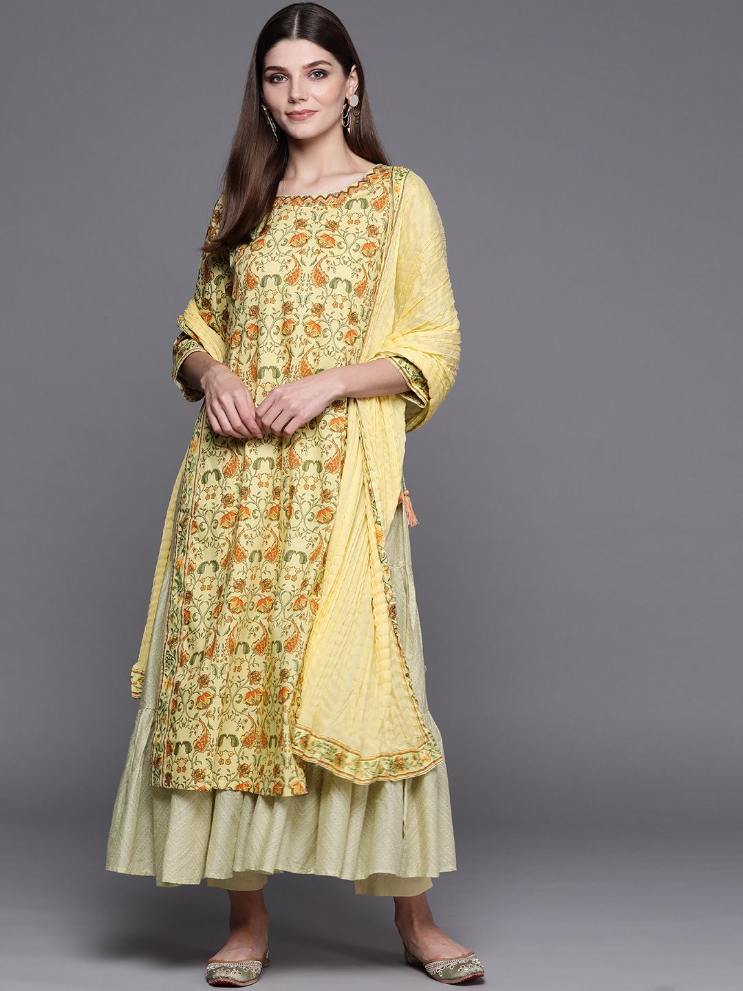Biba Women Yellow Printed Regular Kurta with Palazzos & With Dupatta