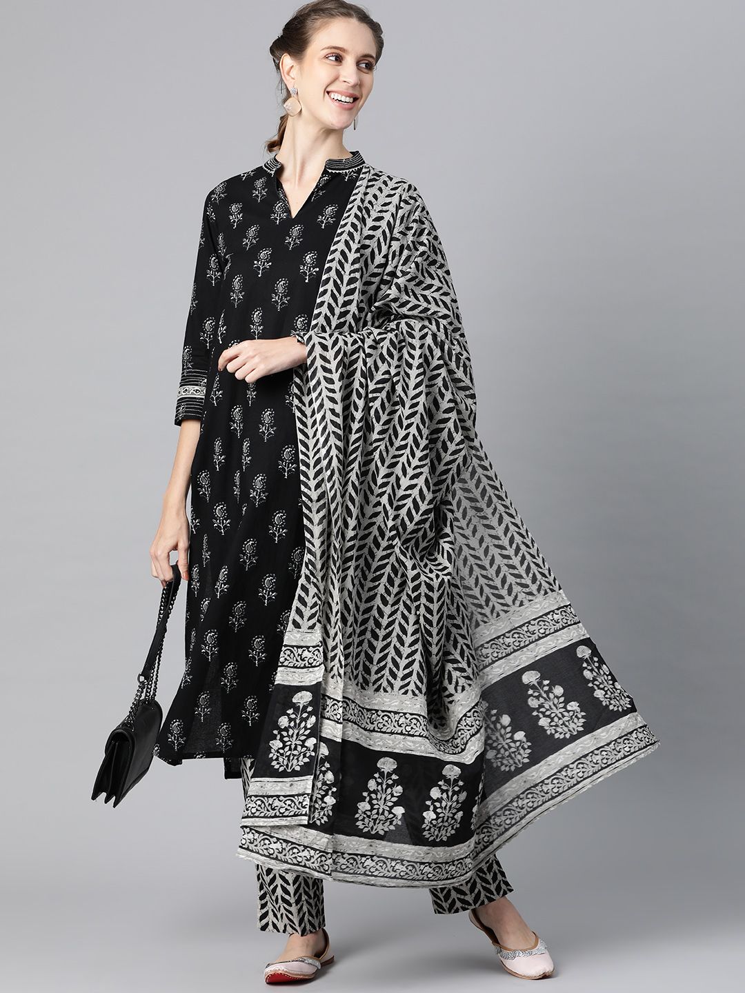 AHIKA Women Black & Grey Printed Regular Pure Cotton Kurta with Trousers & Dupatta Price in India