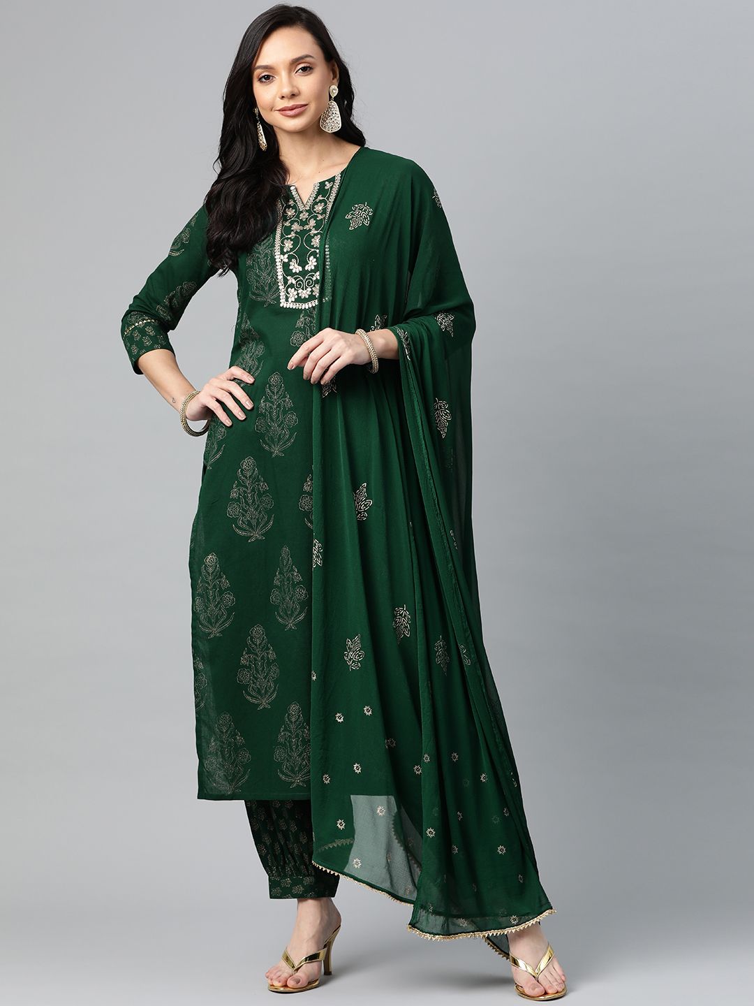 AHIKA Women Green & Gold Ethnic Print Sequin Detail Cotton Kurta with Trousers & Dupatta Price in India