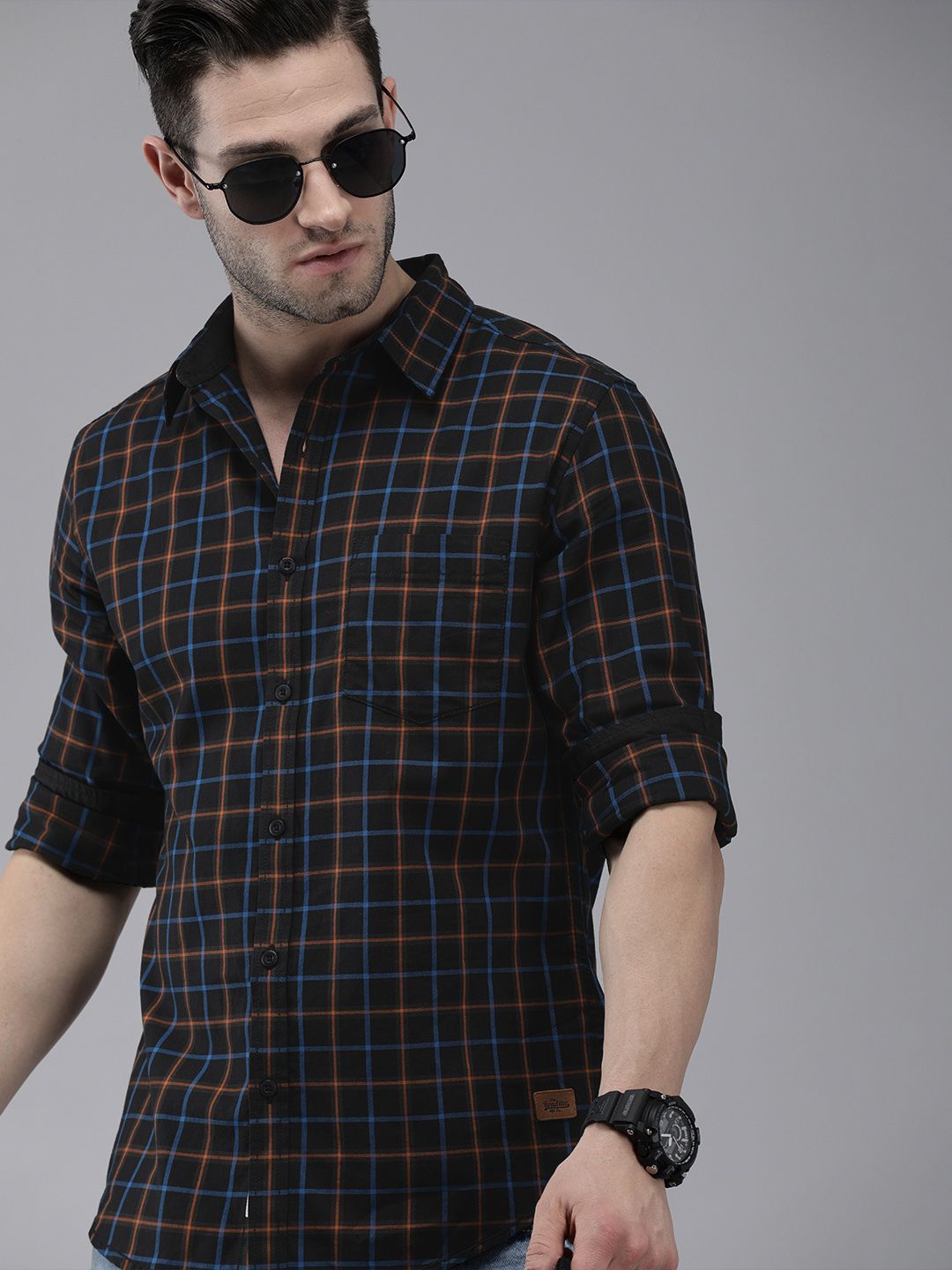 Roadster Men Black & Red Checked Pure Cotton Sustainable Casual Shirt