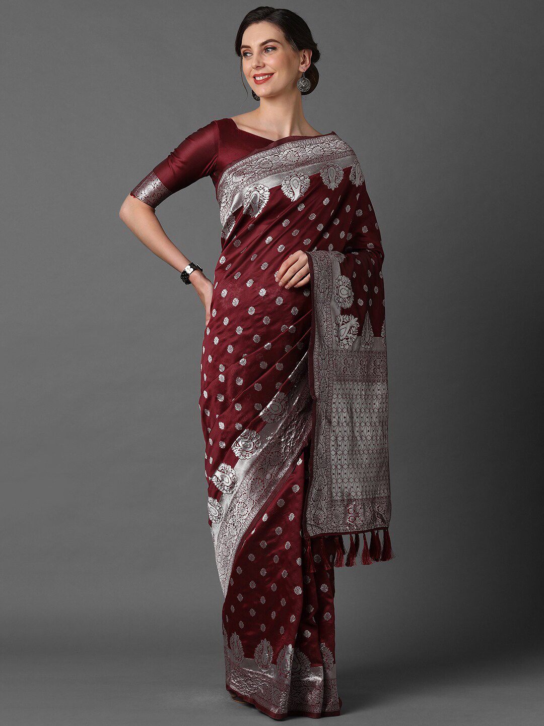 Mitera Maroon & Silver-Toned Woven Design Silk Blend Banarasi Saree Price in India