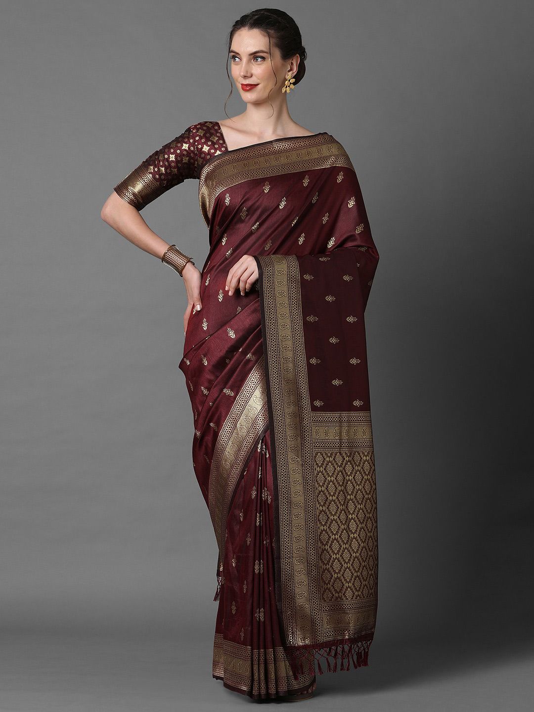 Mitera Brown & Gold-Coloured Ethnic Motifs Woven Design Silk Blend Banarasi Saree Price in India