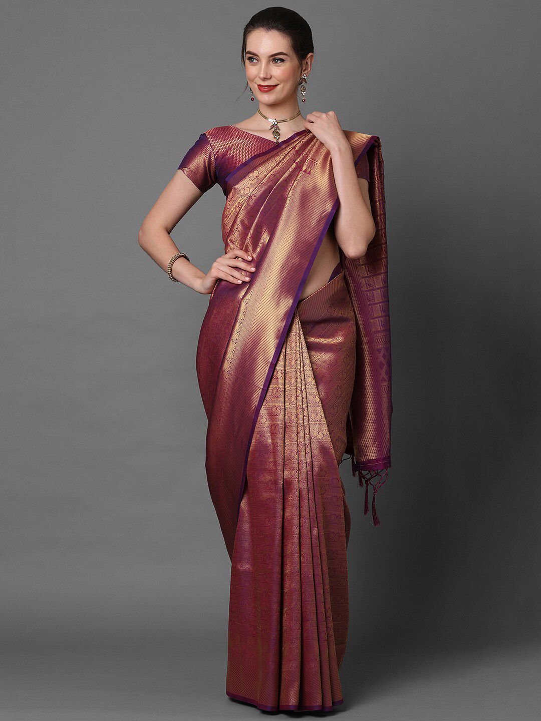 Mitera Burgundy & Gold-Toned Woven Design Silk Blend Banarasi Saree Price in India