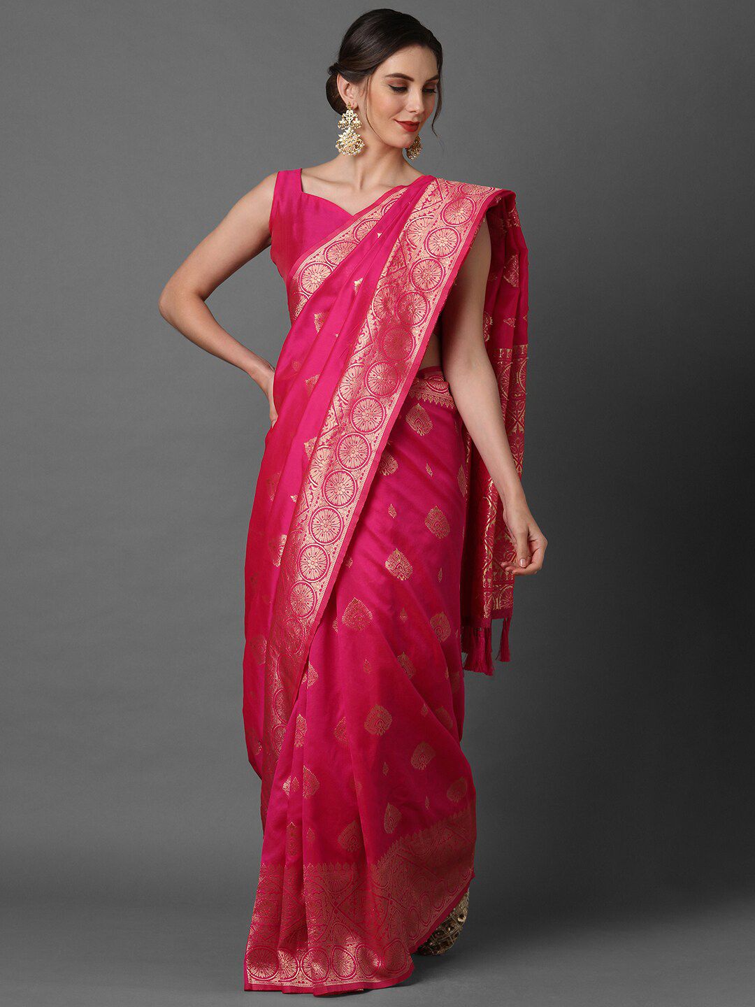 Mitera Pink & Gold-Toned Woven Design Banarasi Saree