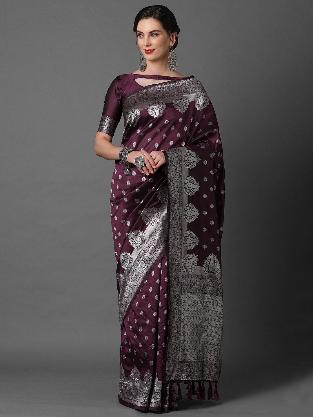 Mitera Burgundy & Silver-Coloured Ethnic Motifs Woven Design Silk Blend Banarasi Saree Price in India