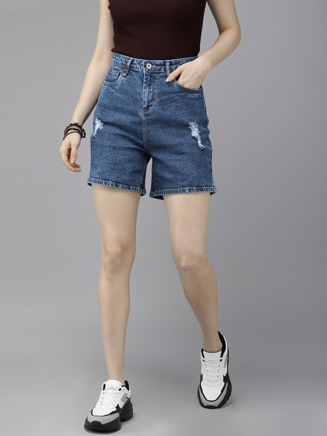 Roadster Women Blue Washed High-Rise Distressed Denim Shorts Price in India
