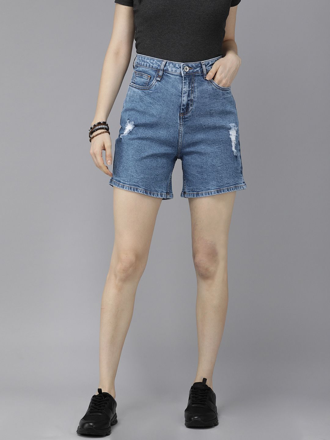Roadster Women Blue Washed High-Rise Distressed Denim Shorts Price in India