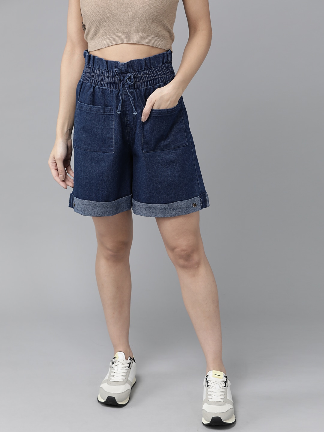 Roadster Women Navy Blue Regular Shorts with Paper Bag Style Price in India