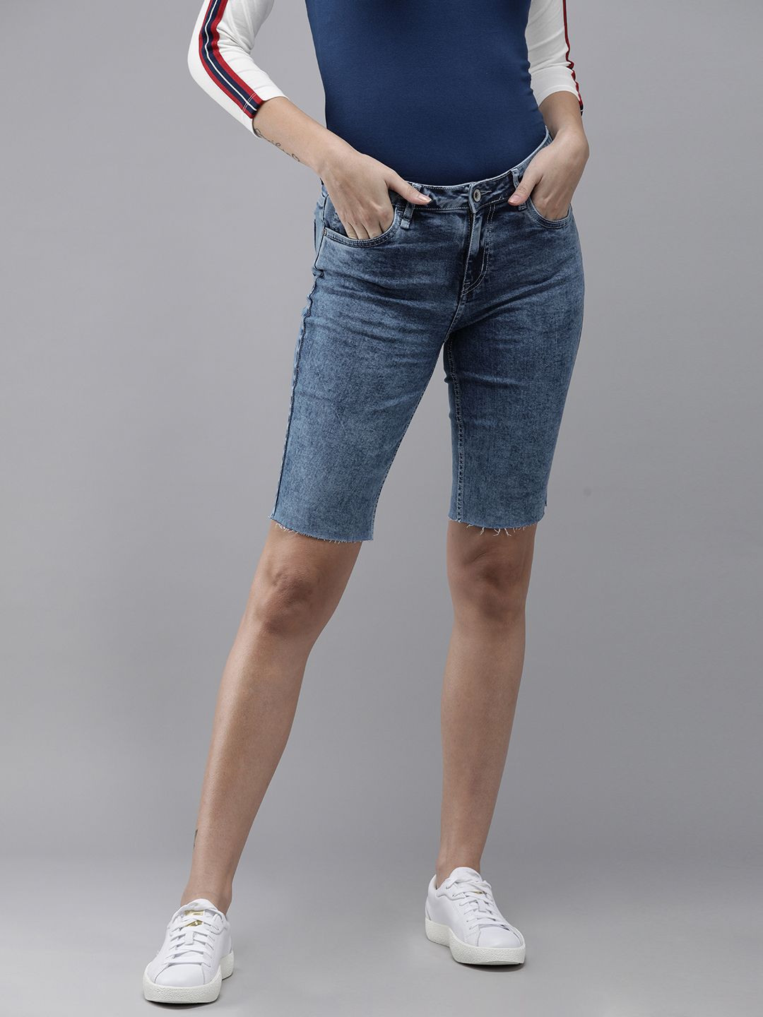 Roadster Women Blue Washed Bermuda Skinny Fit Denim Shorts with Raw Hem Price in India