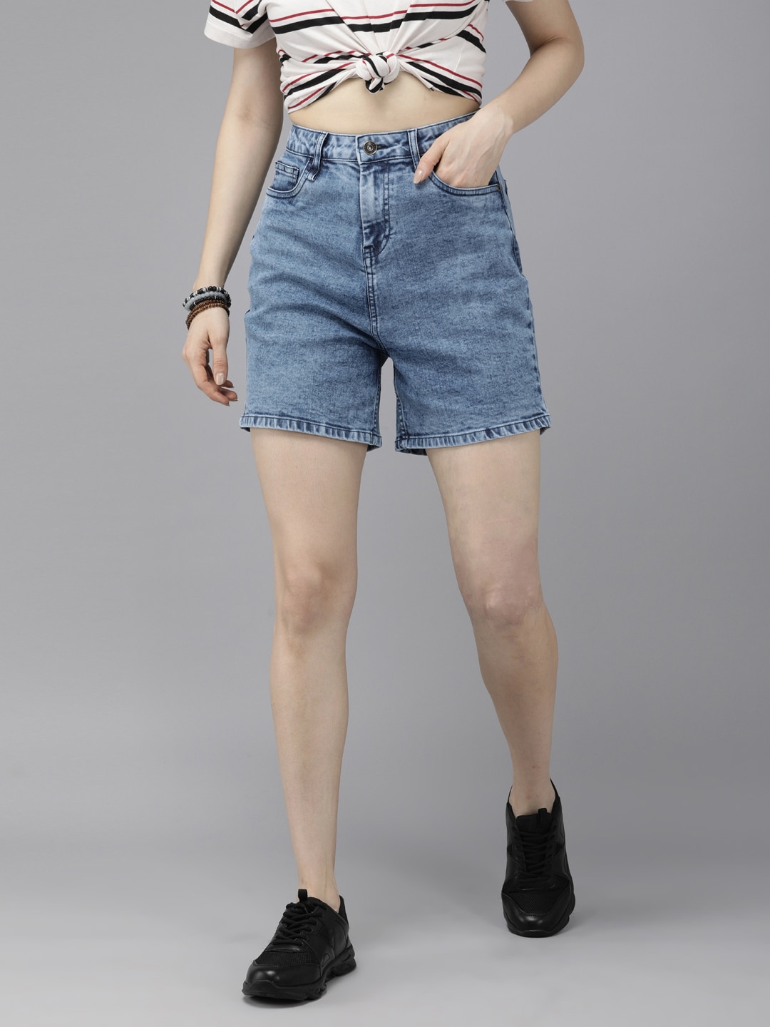 Roadster Women Blue Washed High-Rise Denim Shorts Price in India