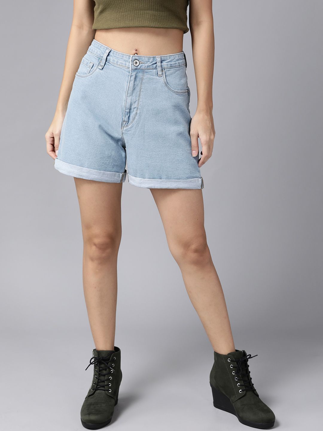 Roadster Women Blue Slim Fit High-Rise Denim Shorts Price in India