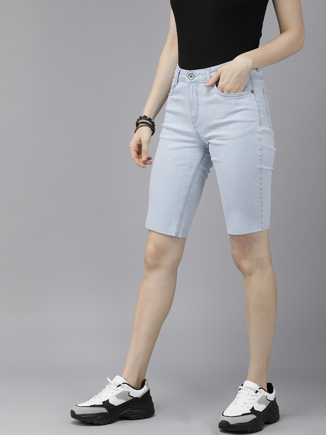 Roadster Women Blue Washed Bermuda Skinny Fit Denim Shorts with Raw Hem Price in India