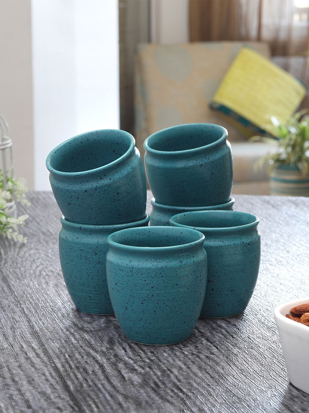 MIAH Decor Teal Blue 6 Handcrafted & Hand Painted Ceramic Matte Kullad Cups Price in India
