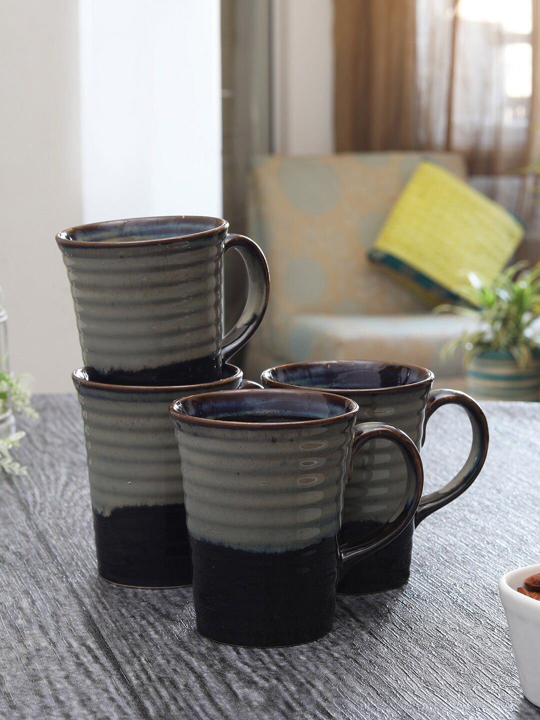 MIAH Decor Black & Grey 4 Pieces Handcrafted & Hand Painted Textured Ceramic Glossy Mugs Price in India