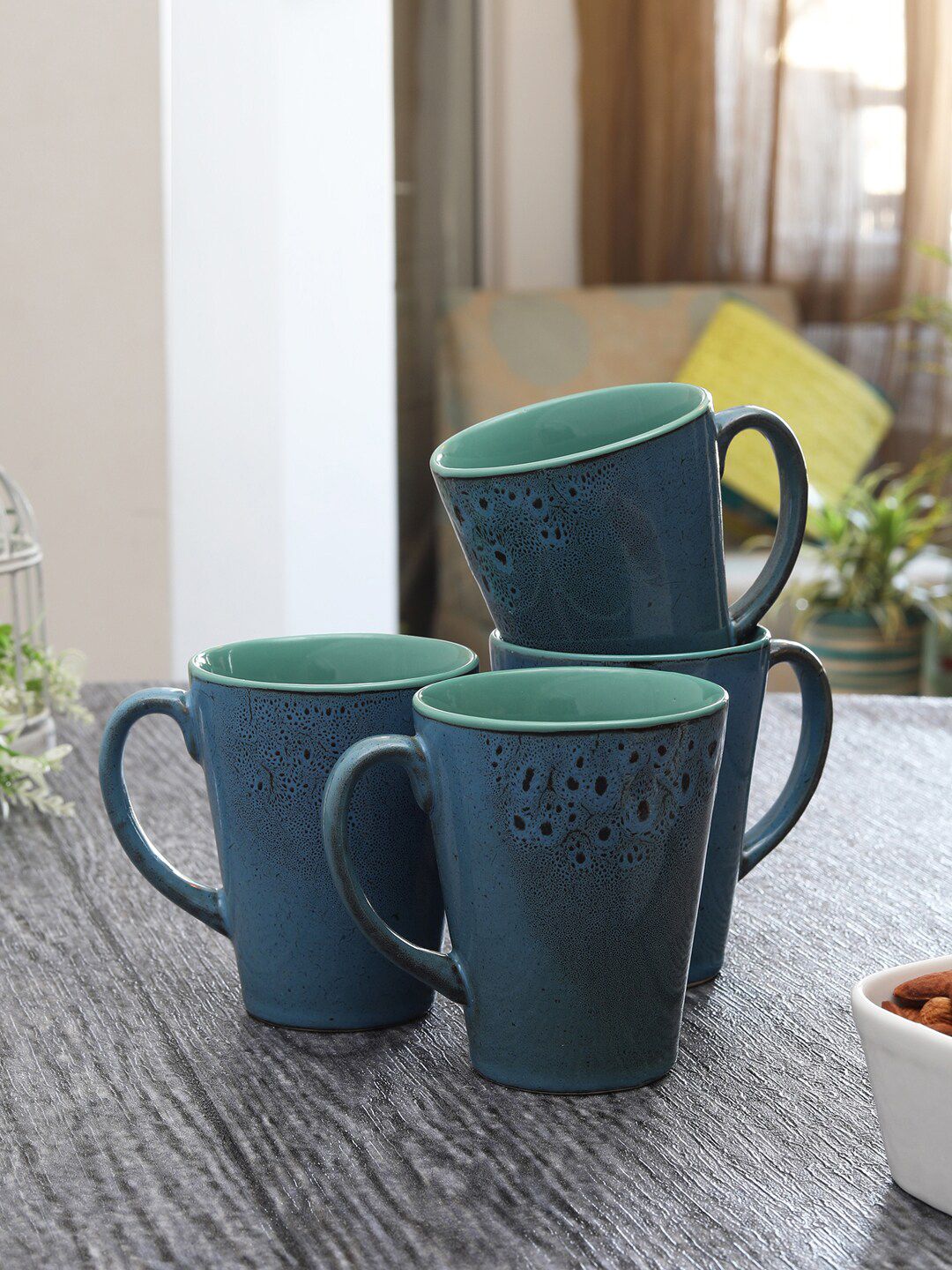 MIAH Decor Teal Handcrafted Printed Ceramic Glossy Set of 4 Cups Price in India
