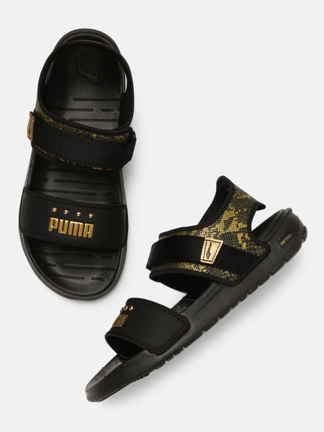 Puma Women Black & Gold-Toned Softride Snake Sandals Price in India