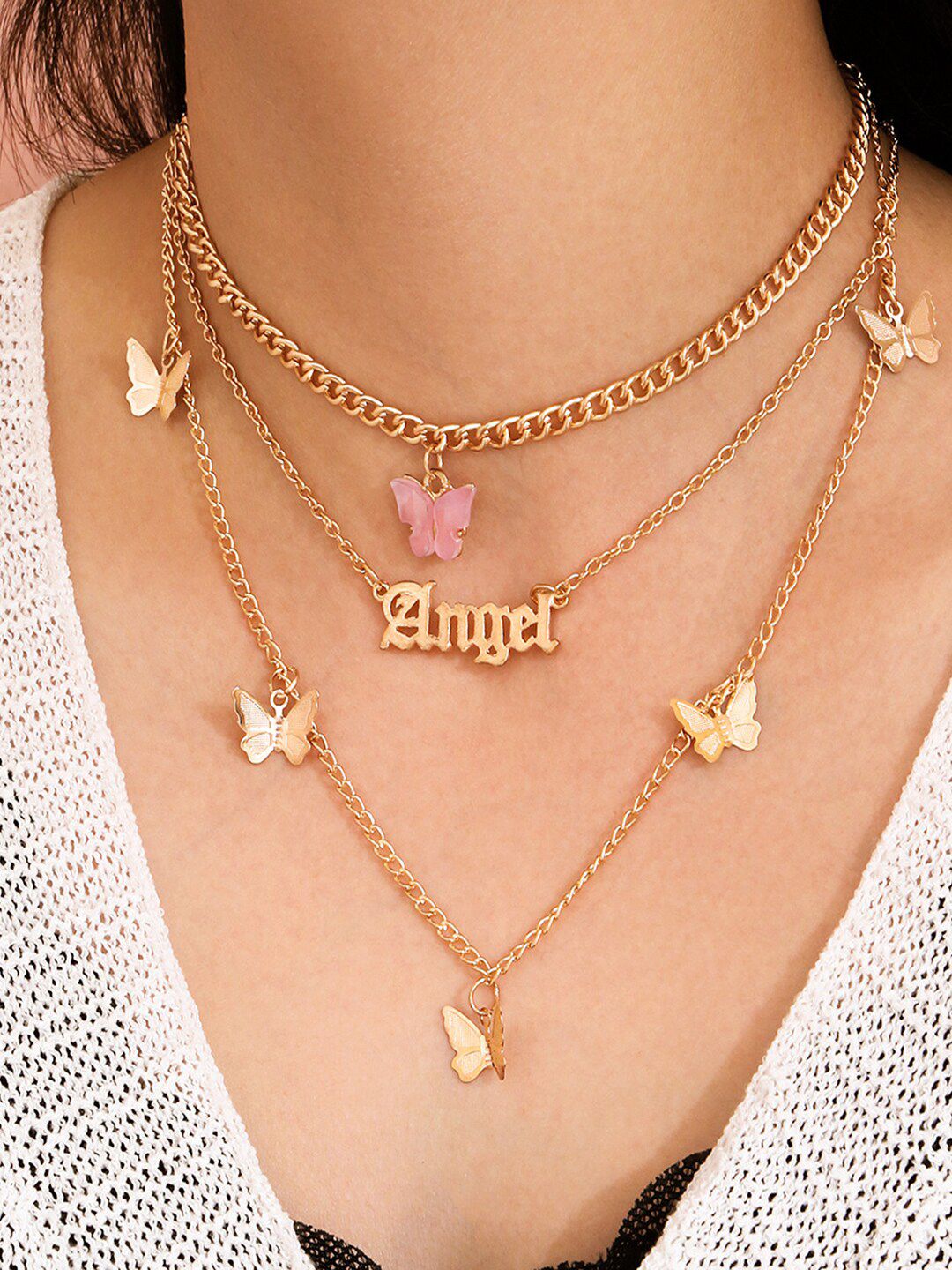 Shining Diva Fashion Gold-Toned  Pink Gold-Plated Layered Necklace Price in India