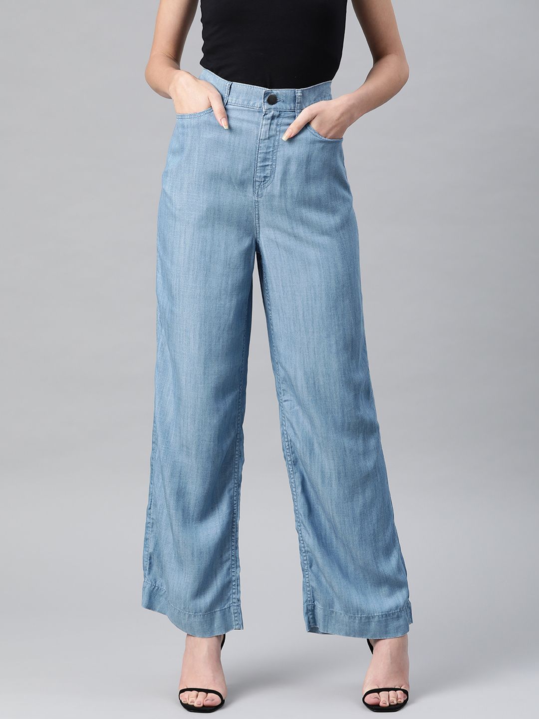Marks & Spencer Women Blue Wide Leg Mildly Distressed Light Fade Jeans Price in India