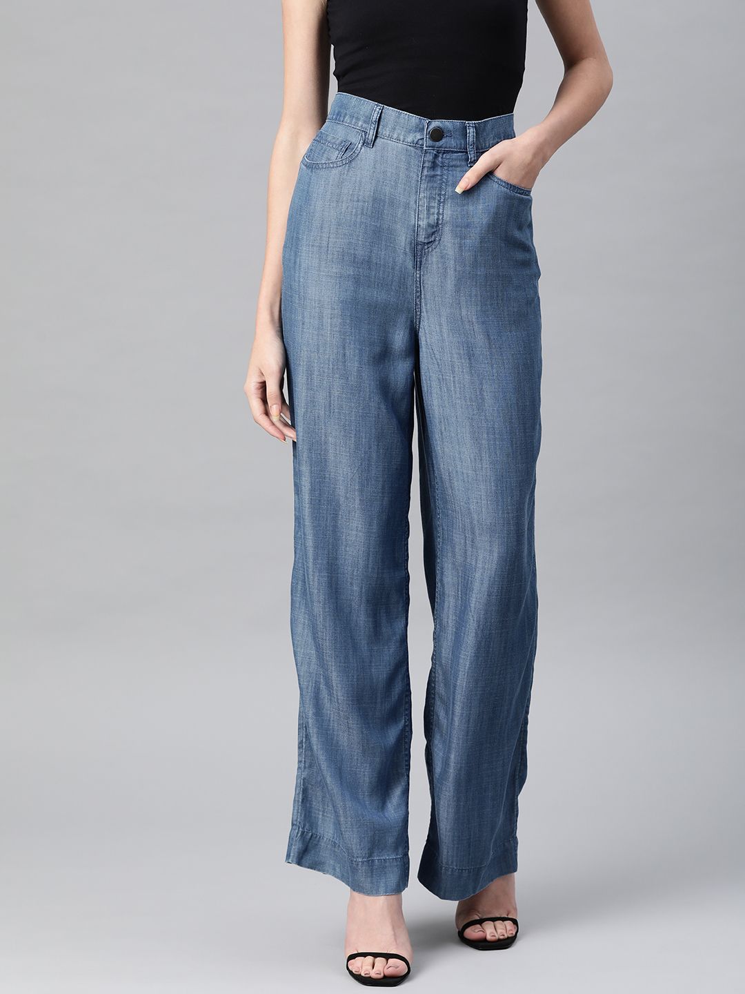 Marks & Spencer Women Blue Wide Leg Heavy Fade Stretchable Jeans Price in India