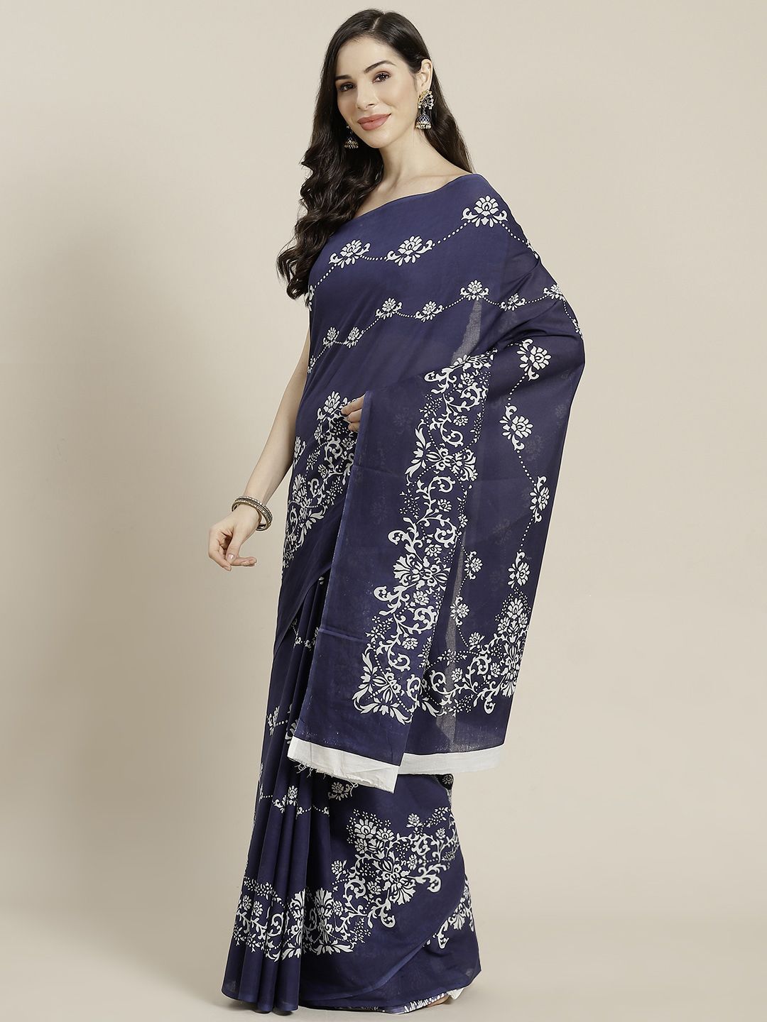 Libas Navy Blue & White Ethnic Motifs Printed Pure Cotton Saree