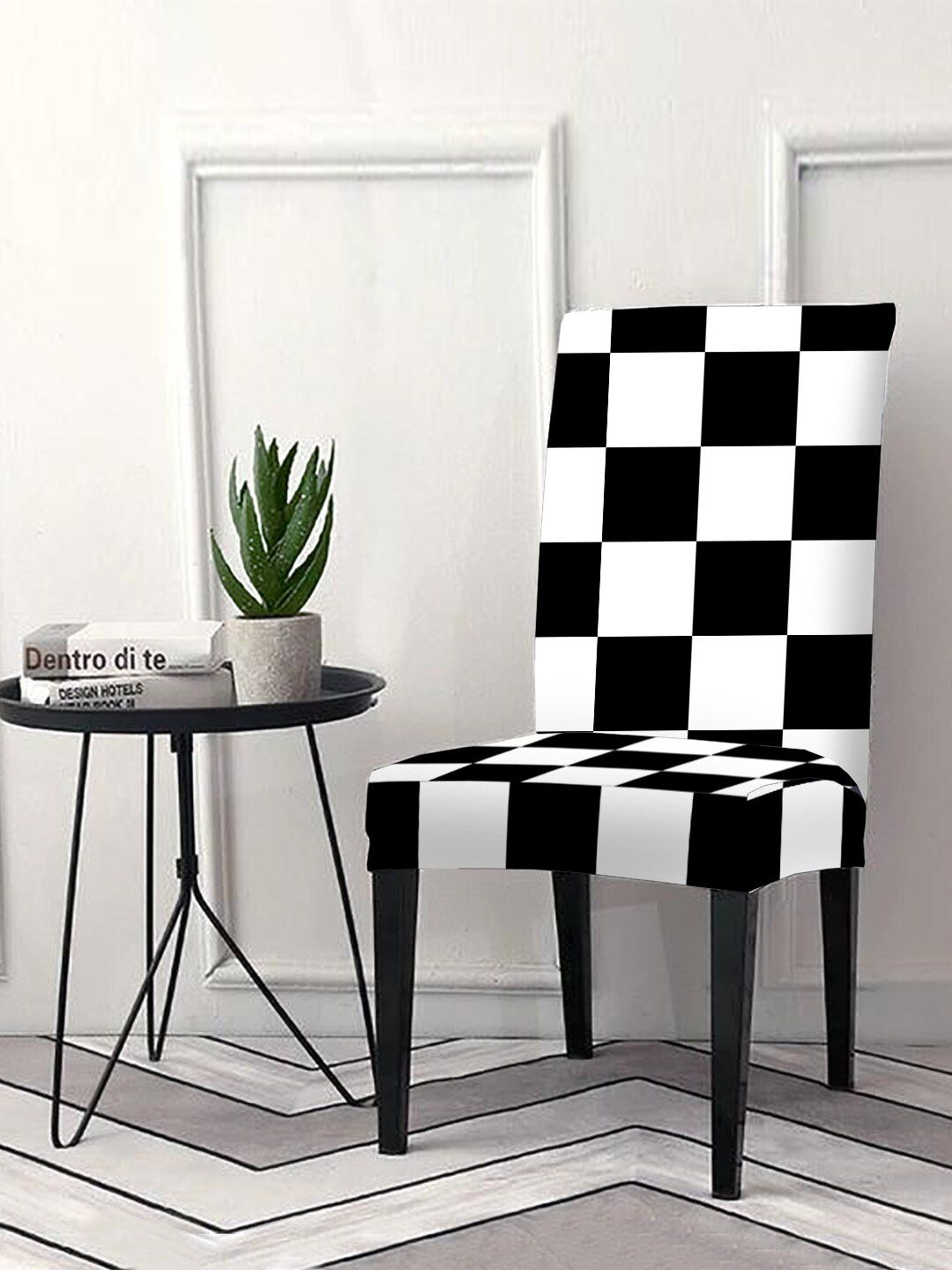 Cortina Black & White Checked Chair Cover Price in India