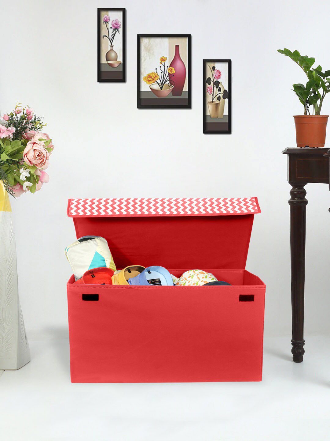 prettykrafts Red & White Printed Storage Organizer With Lid Price in India