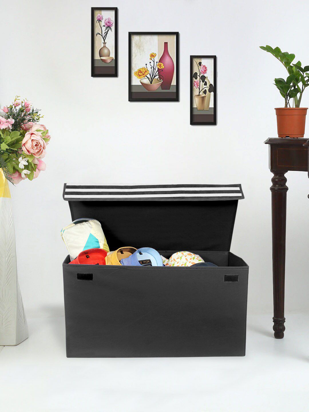 prettykrafts Black & White Striped Storage Organizer With Lid Price in India