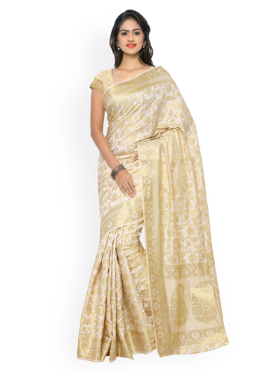 Varkala Silk Sarees Cream-Coloured Kanjeevaram Tussar Silk Traditional Saree Price in India