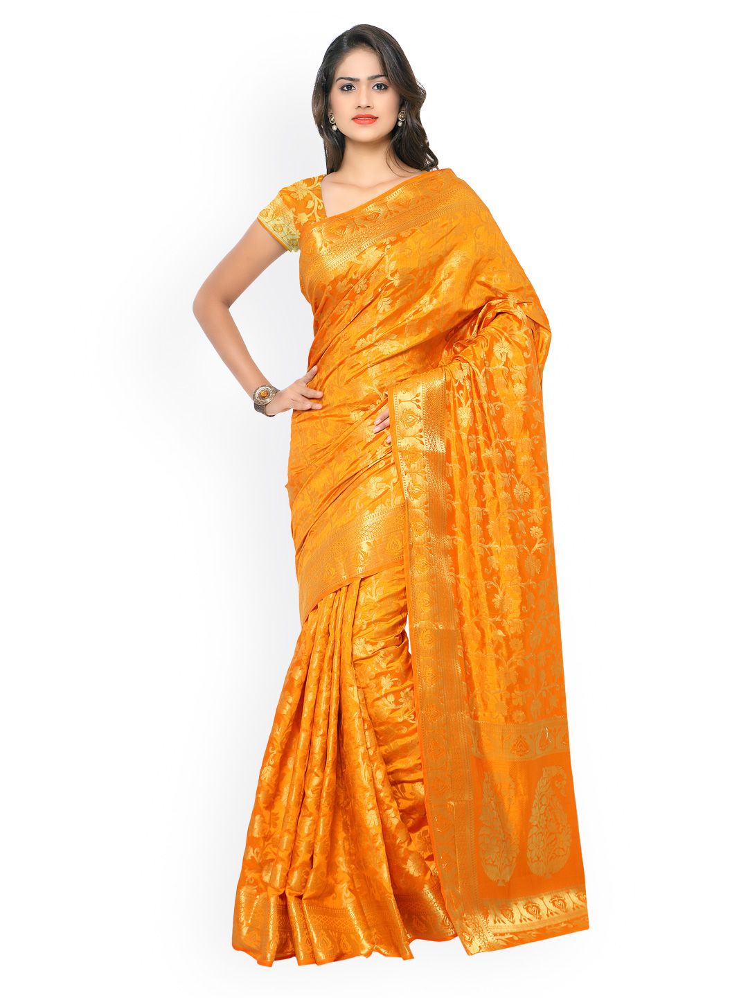 Varkala Silk Sarees Orange Kanjeevaram Tussar Silk Traditional Saree Price in India