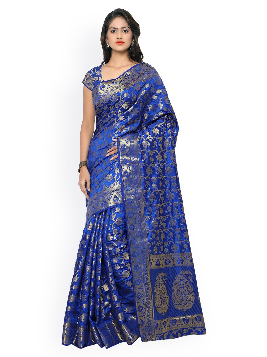 Varkala Silk Sarees Blue Kanjeevaram Tussar Silk Traditional Saree Price in India