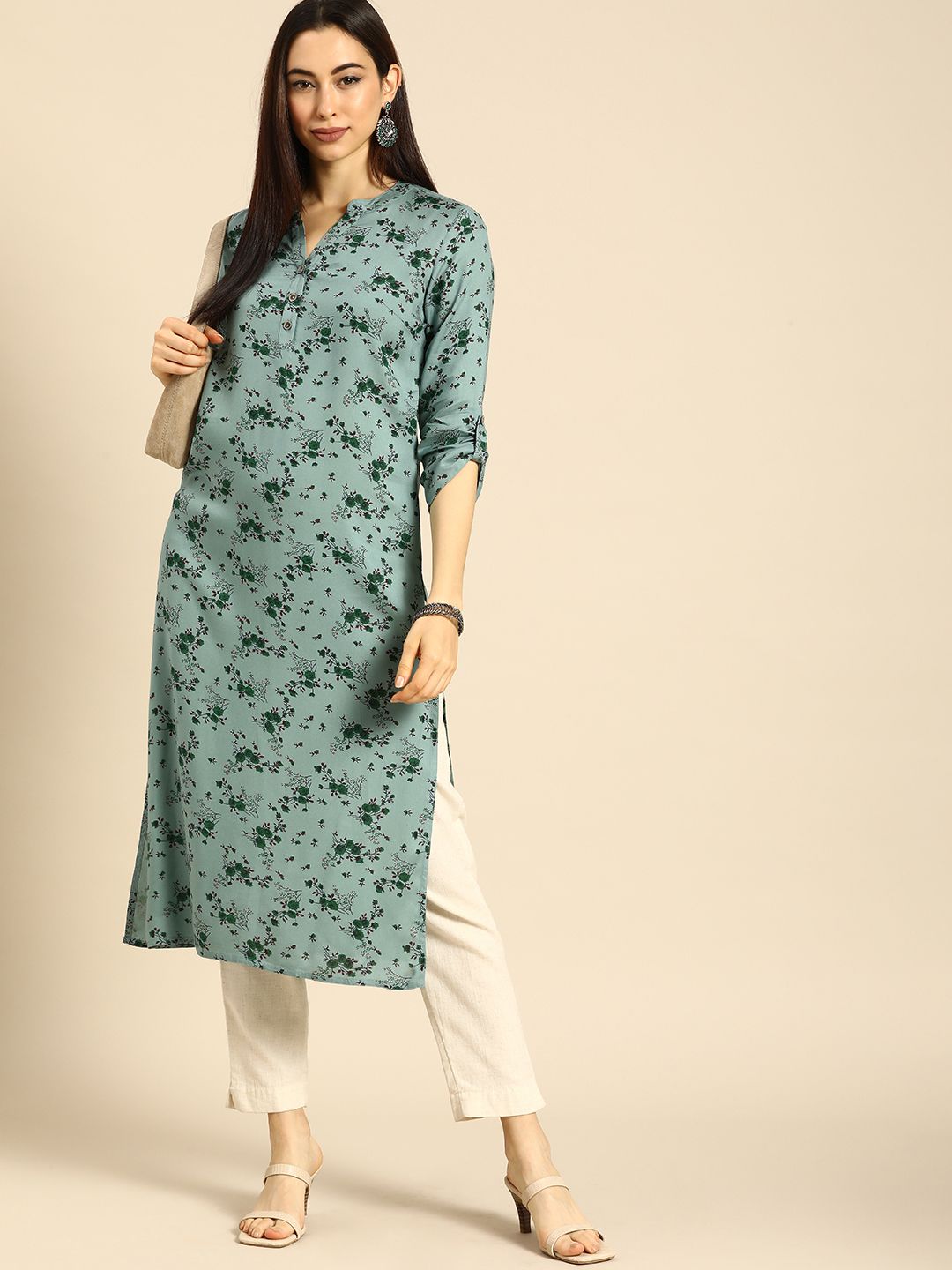 Anouk Women Blue & Green Floral Printed Kurta Price in India