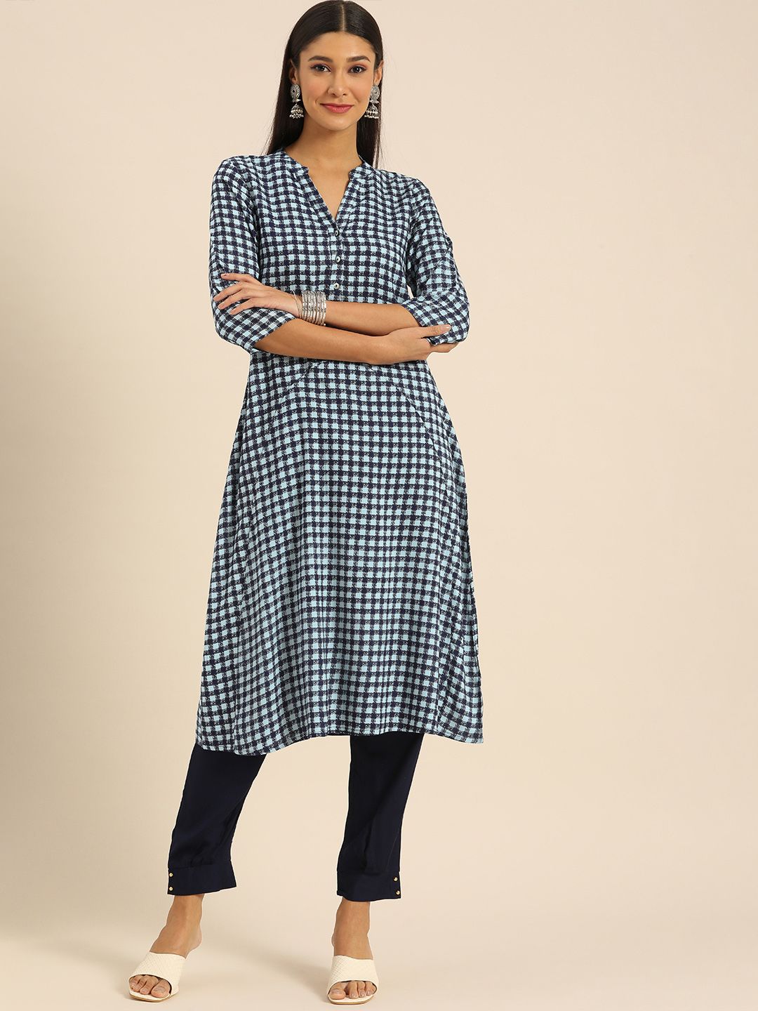 Anouk Women Blue Checked Kurta Price in India