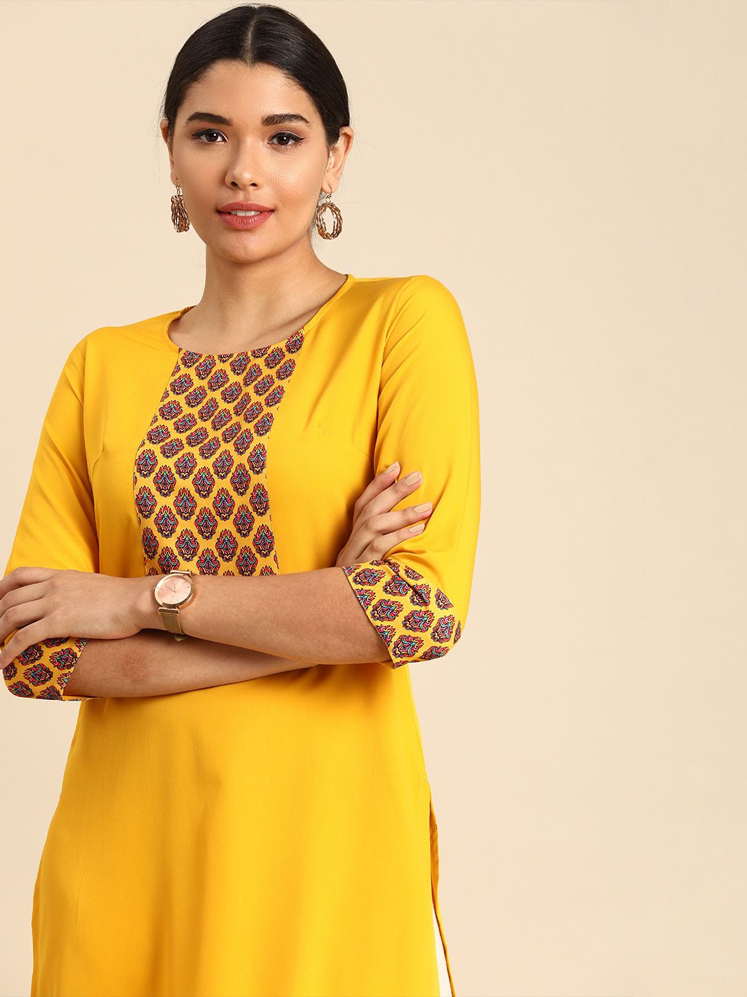 Anouk Women Yellow Ethnic Motifs Printed Keyhole Neck Kurta