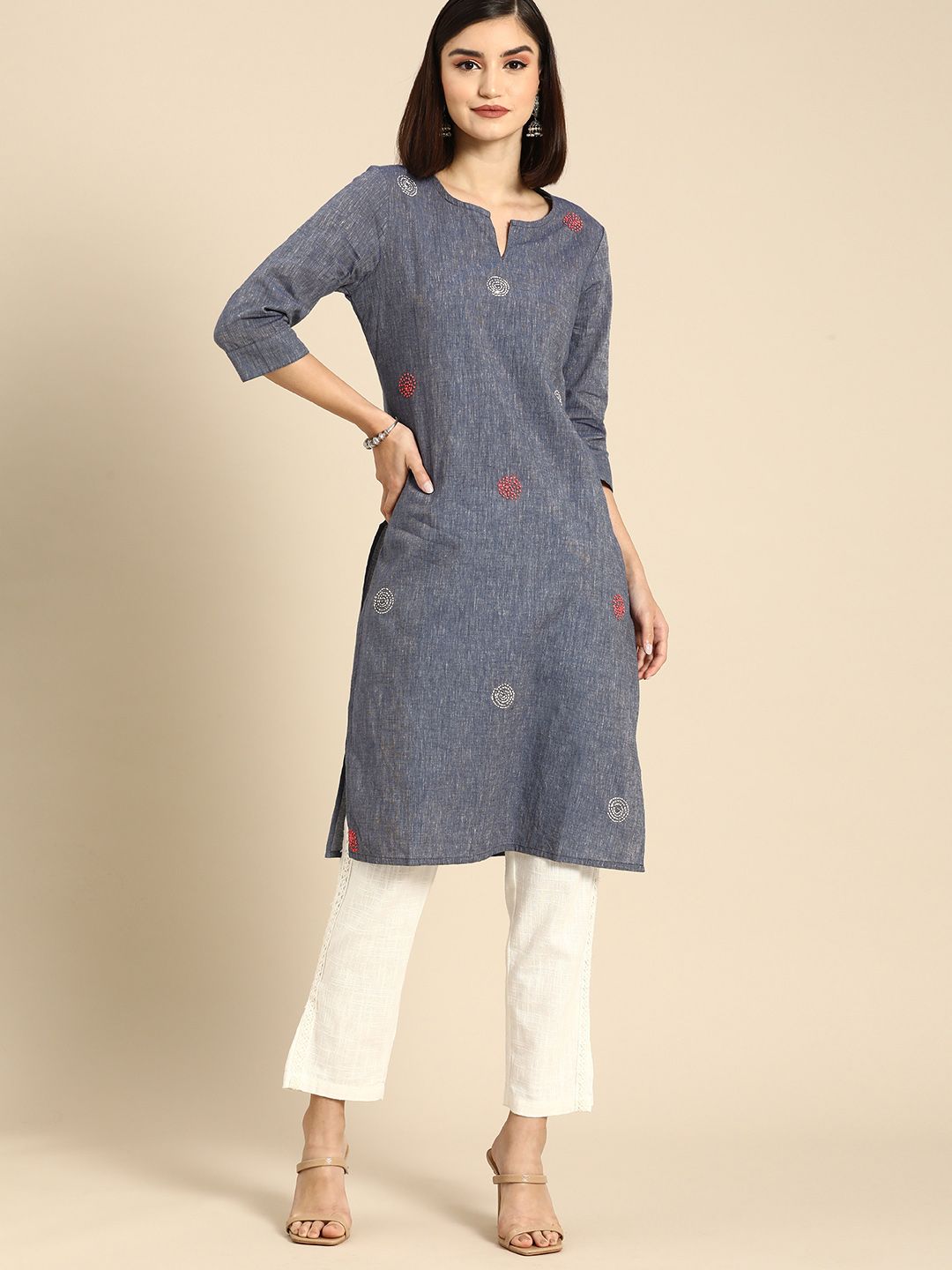 Anouk Women Grey & White  Embroidered Pure Cotton Kurta Price in India