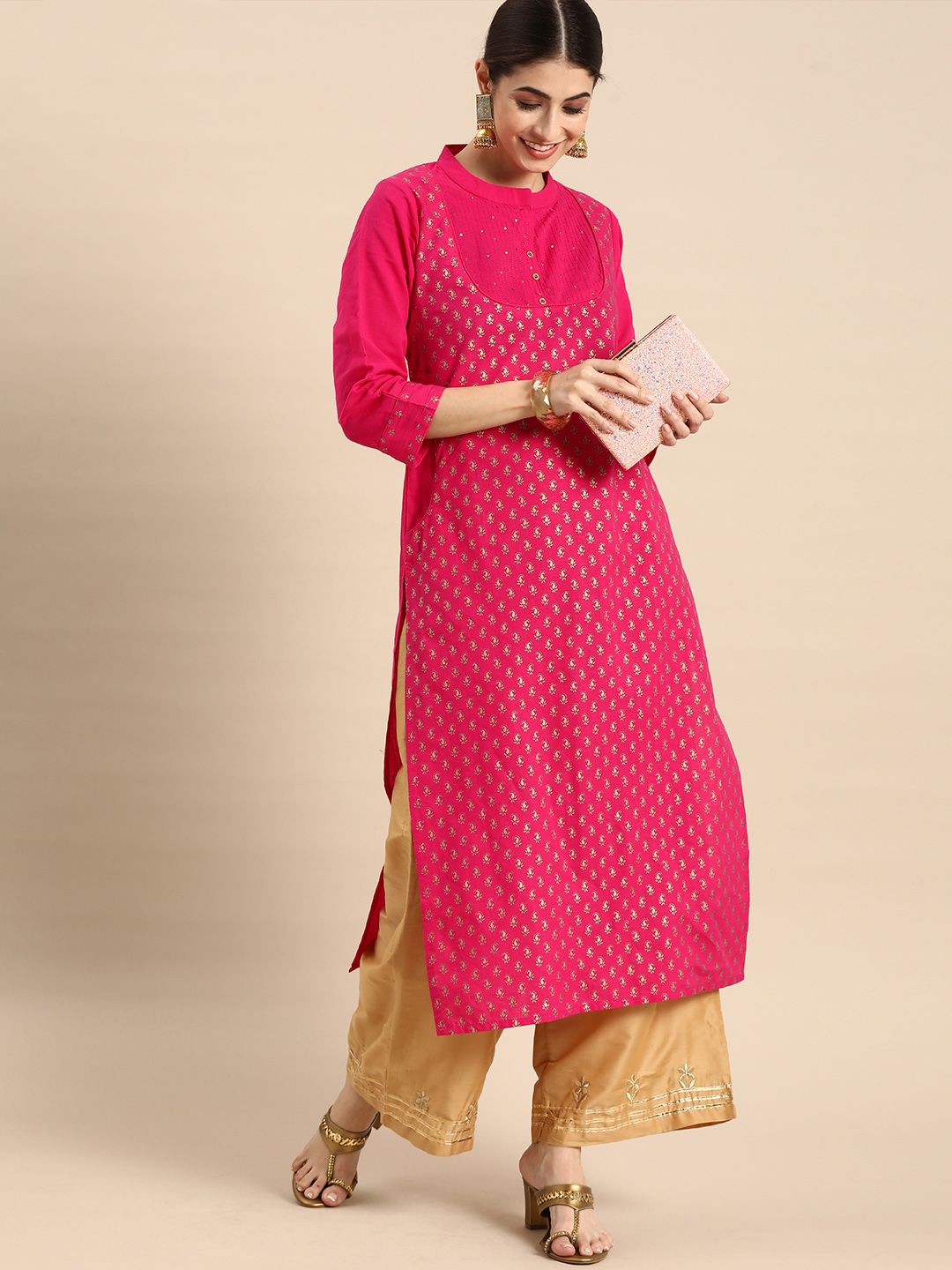 Anouk Women Pink & Gold-Toned Paisley Printed Pure Cotton Kurta Price in India