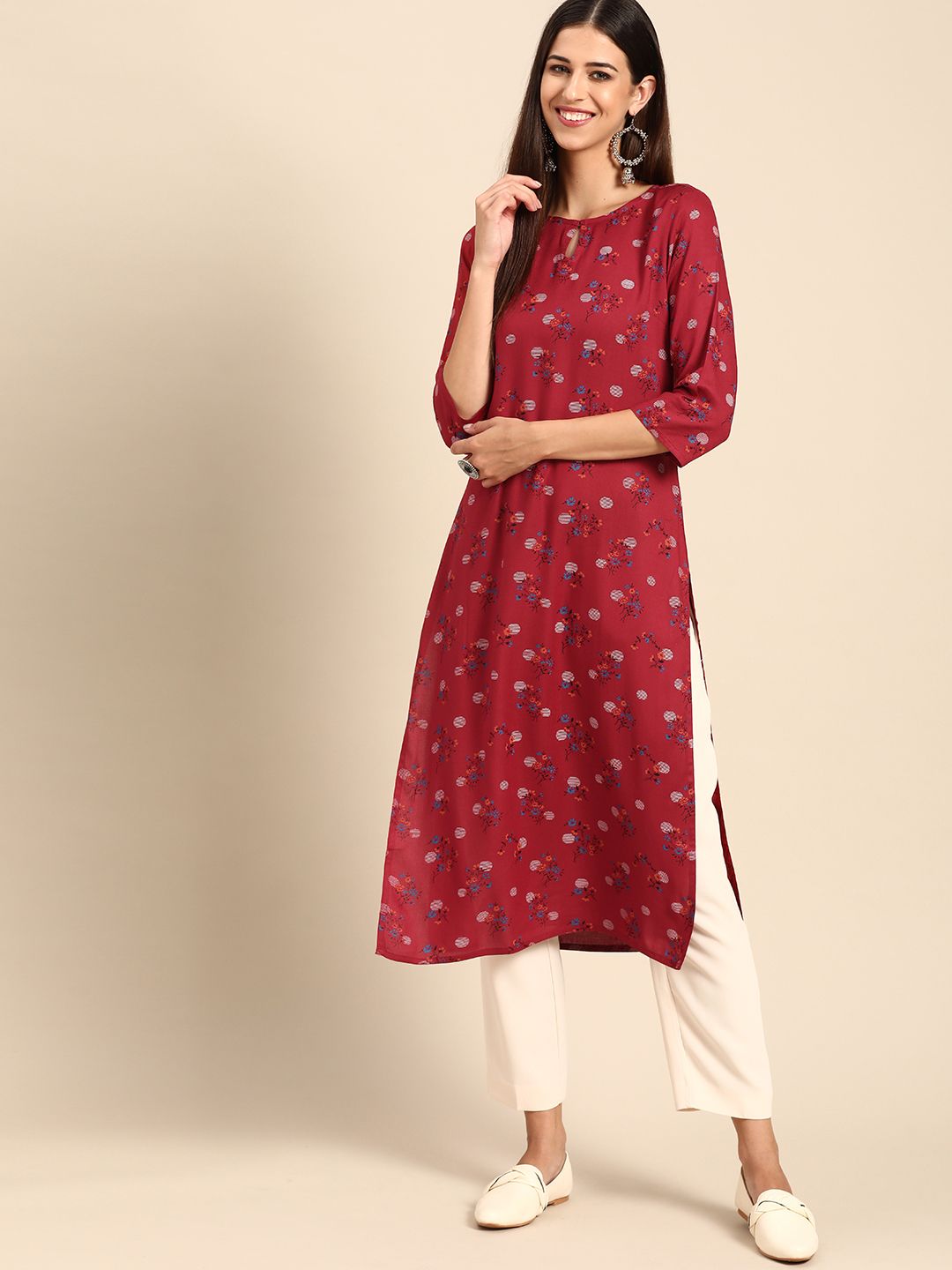 Anouk Women Red & Blue Ethnic Motifs Printed Keyhole Neck Kurta Price in India