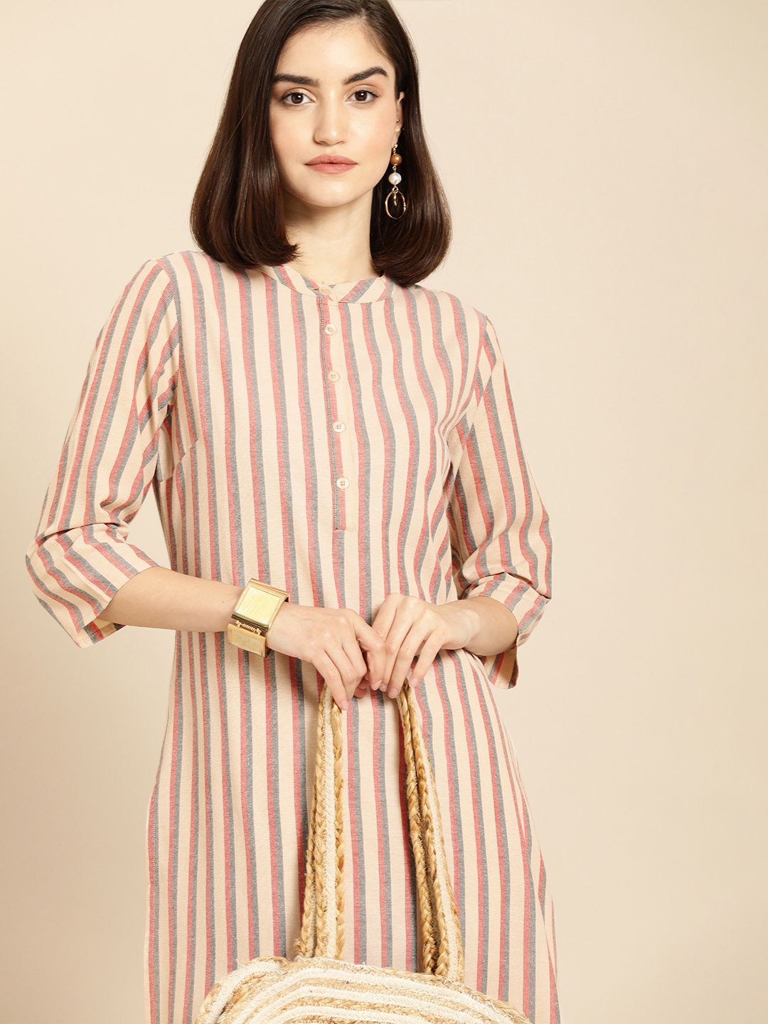 Anouk Women Red & Navy Blue Striped Mandarin-Collar Straight Kurta