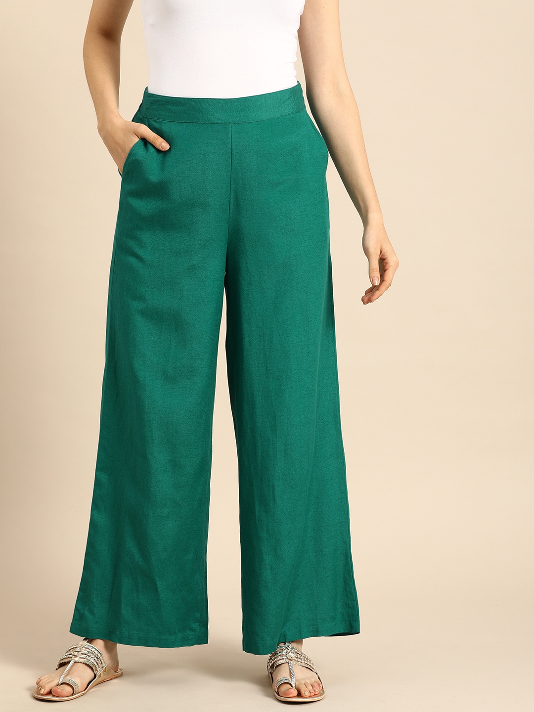 Anouk Women Teal Green Solid Wide Leg Palazzos Price in India