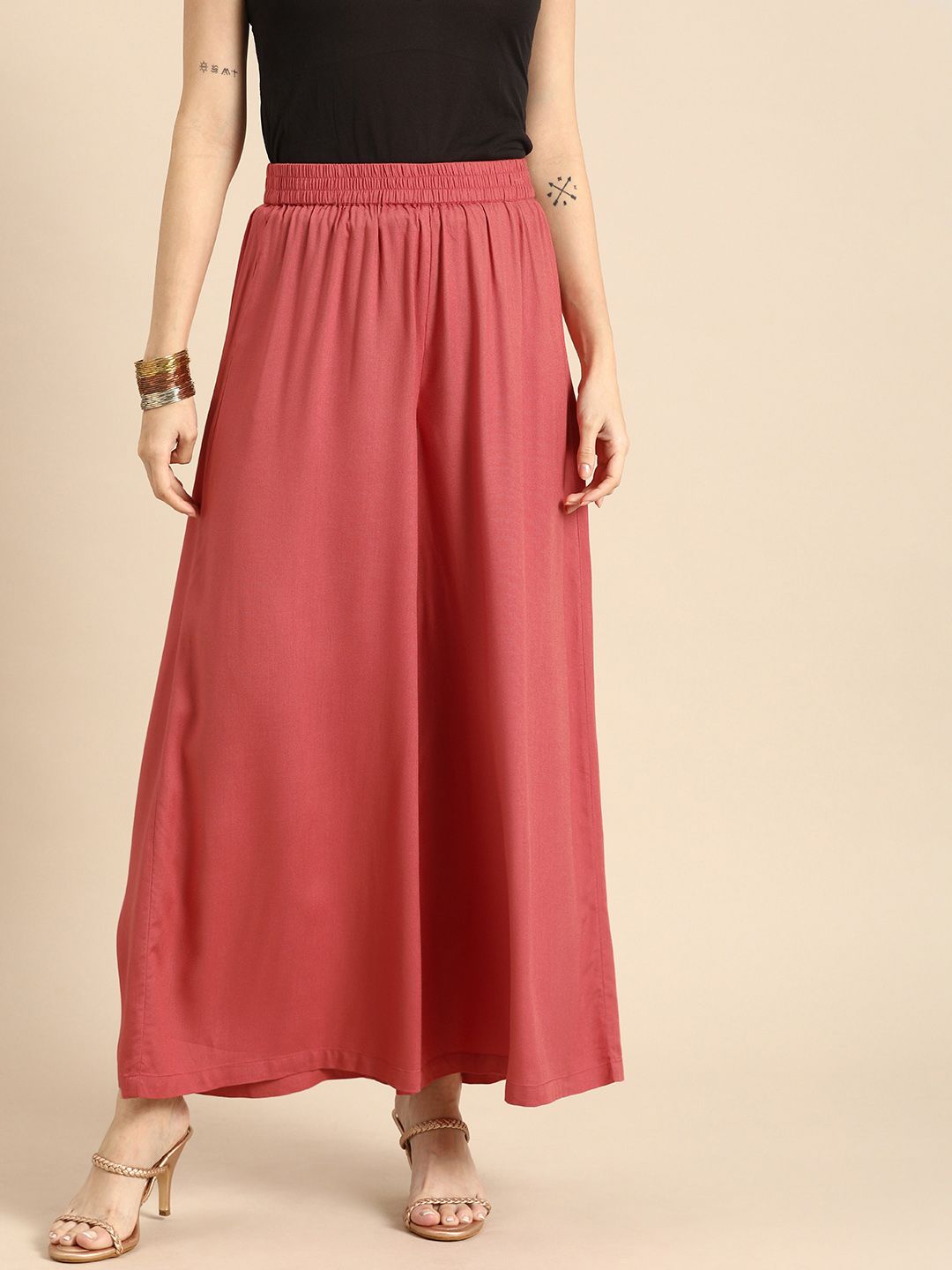 Anouk Women Pink Solid Wide Leg Palazzos Price in India