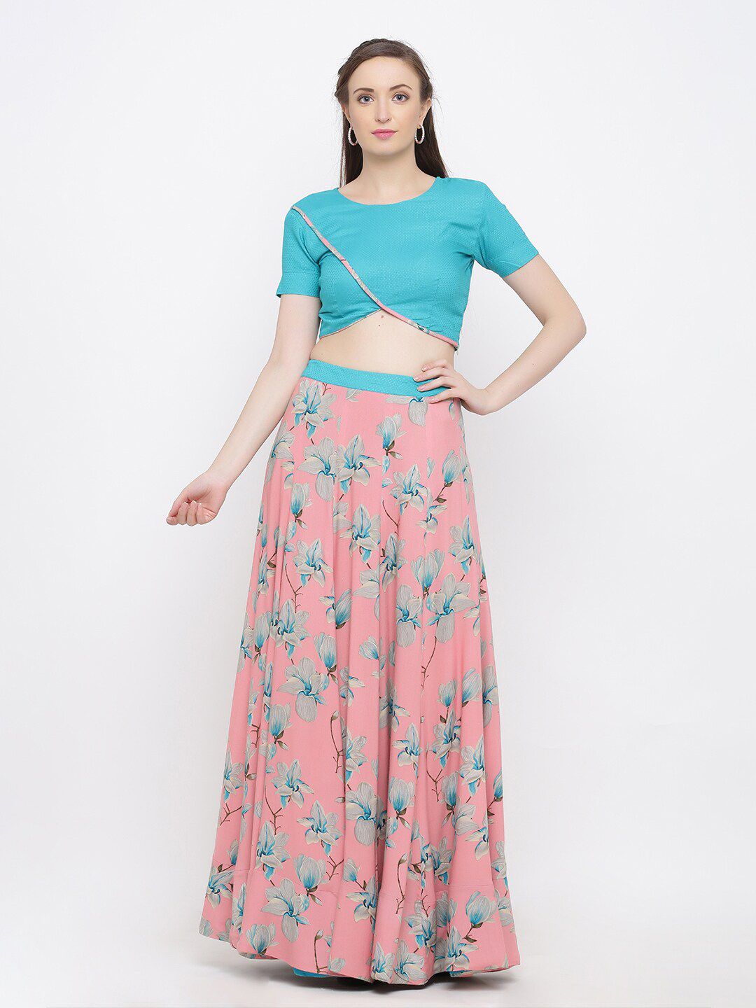 Indian Virasat Pink & Turquoise Blue Ready to Wear Lehenga & Blouse Price in India