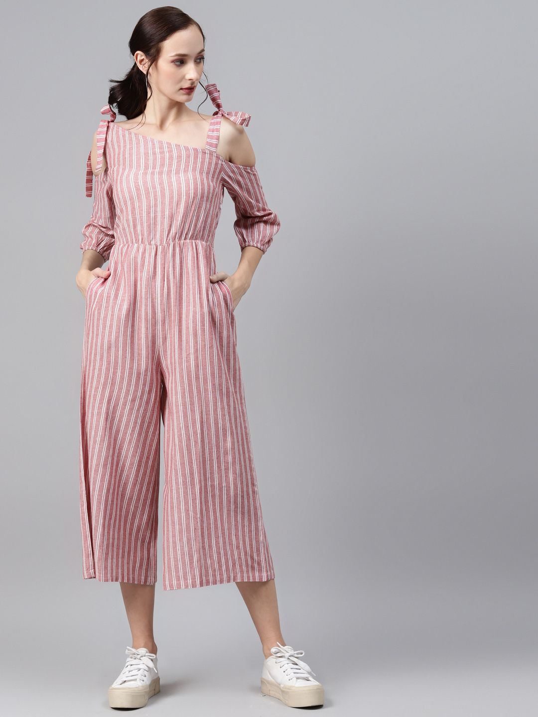 Cottinfab Red & White Striped Cotton Culotte Jumpsuit Price in India