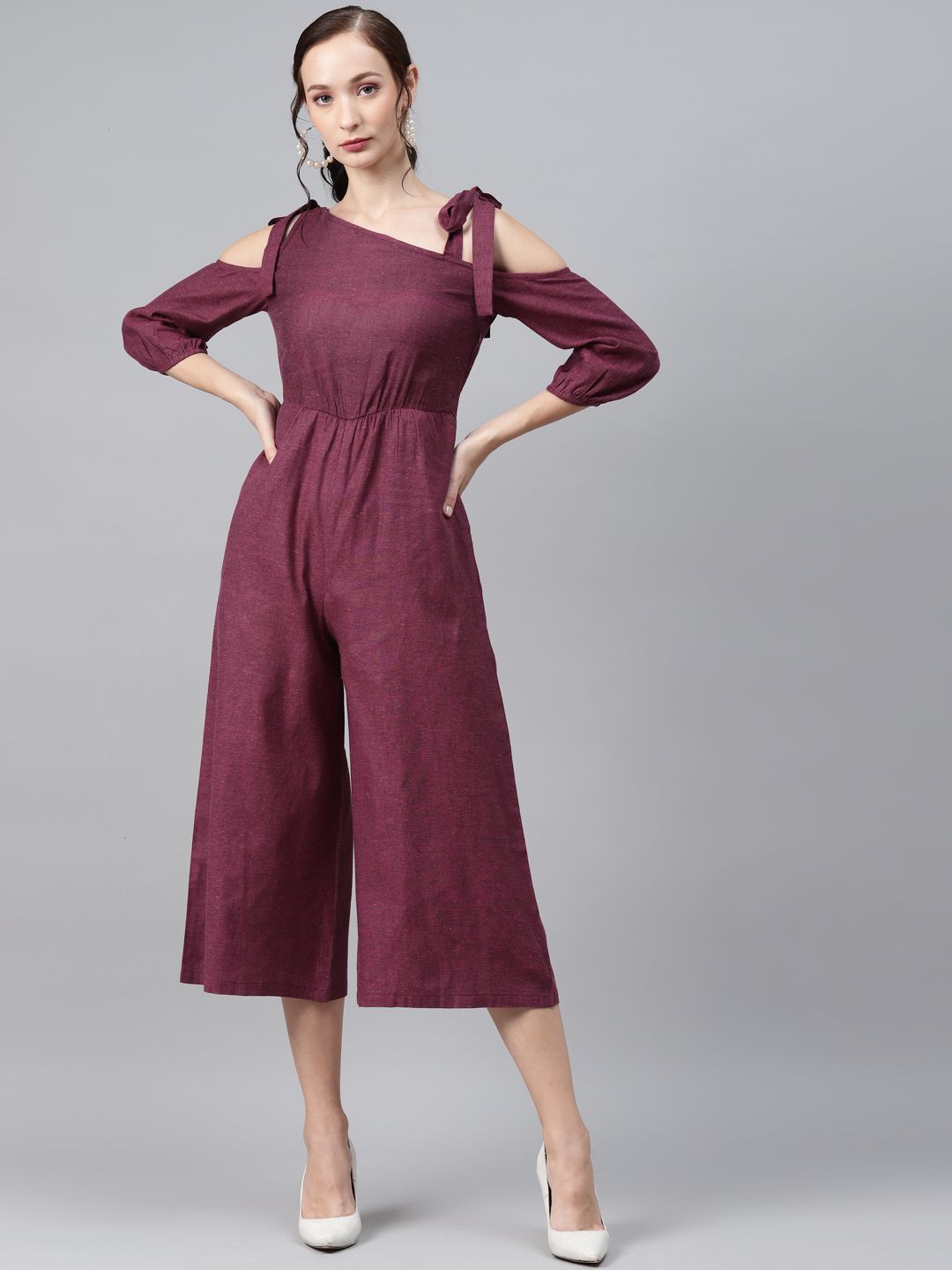 Cottinfab Burgundy Solid Gathered Culotte Jumpsuit Price in India