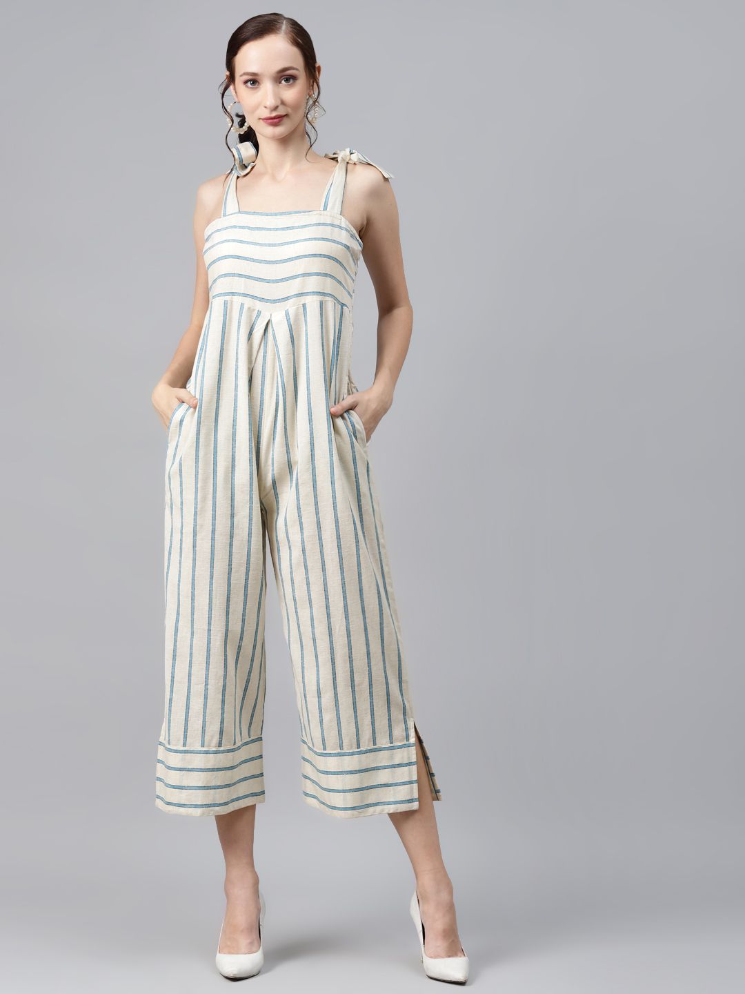 Cottinfab Off White & Blue Striped Cotton Pleated Culotte Jumpsuit Price in India