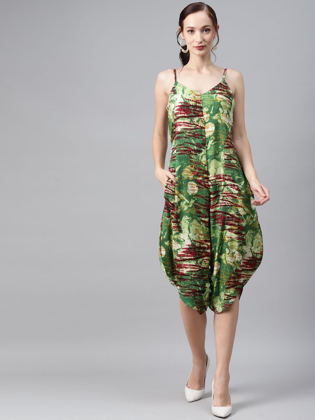 Cottinfab Green & Red Abstract Print Dhoti Style Jumpsuit Price in India