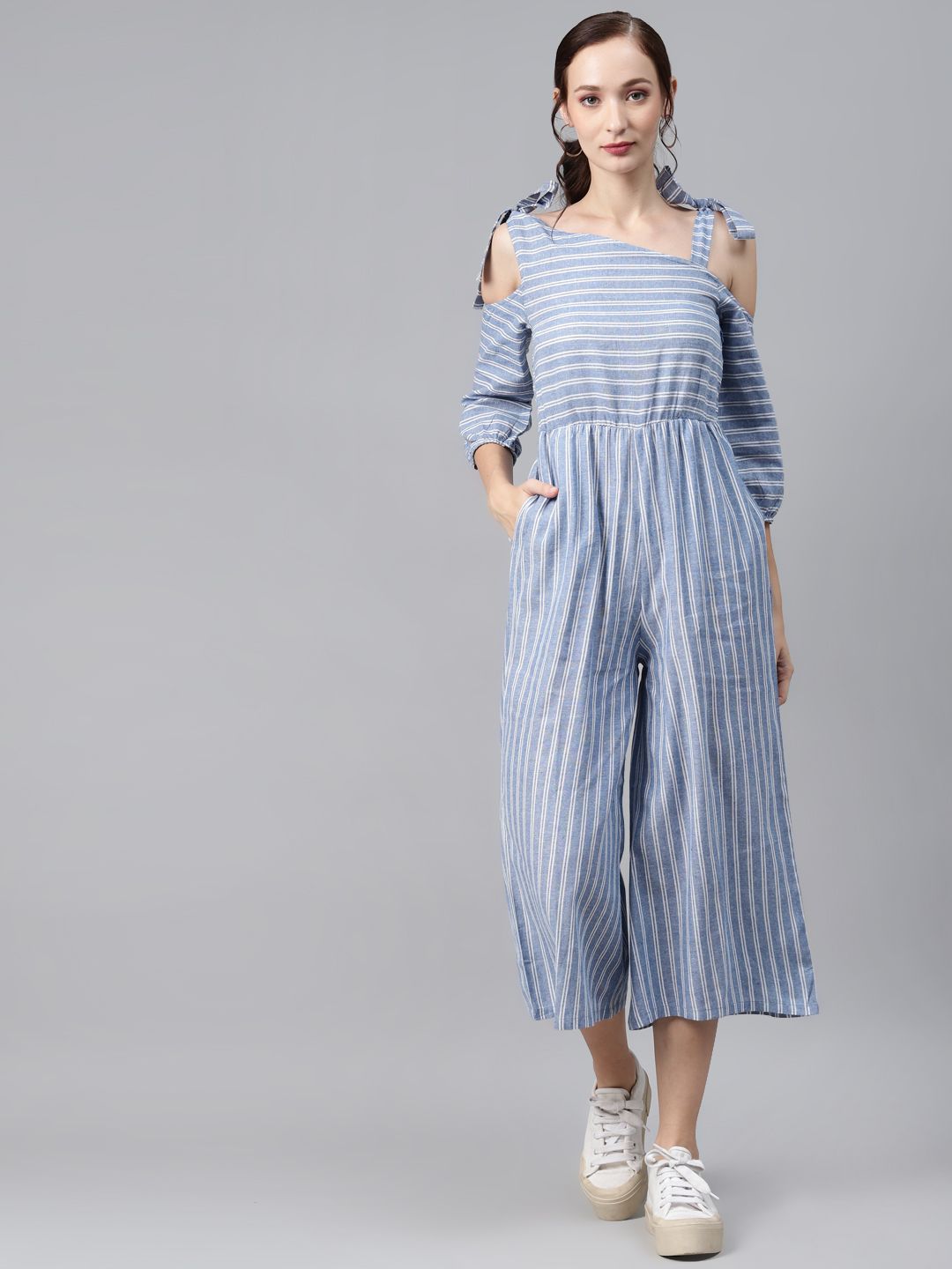 Cottinfab Blue & White Cotton Striped Cropped Jumpsuit Price in India